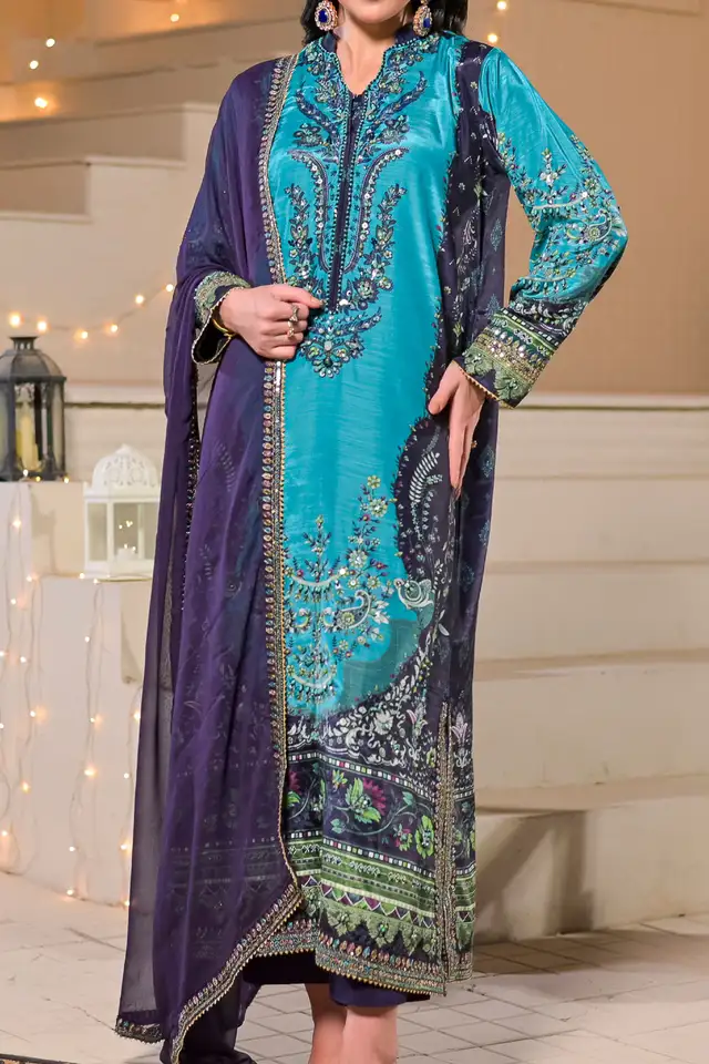 WOMEN'S-3 PIECE PRINTED RAW SILK | DPV-236