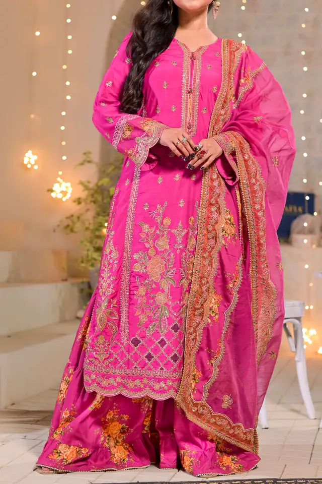 WOMEN'S-3 PIECE PRINTED RAW SILK | DPV-244